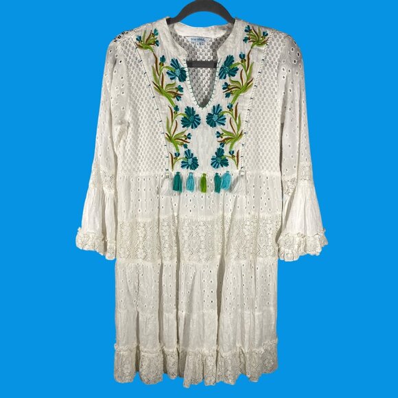 Blue Island S Embroidered eyelet Boho Dress tiered Tassels Lace Accents feminie - Picture 1 of 12